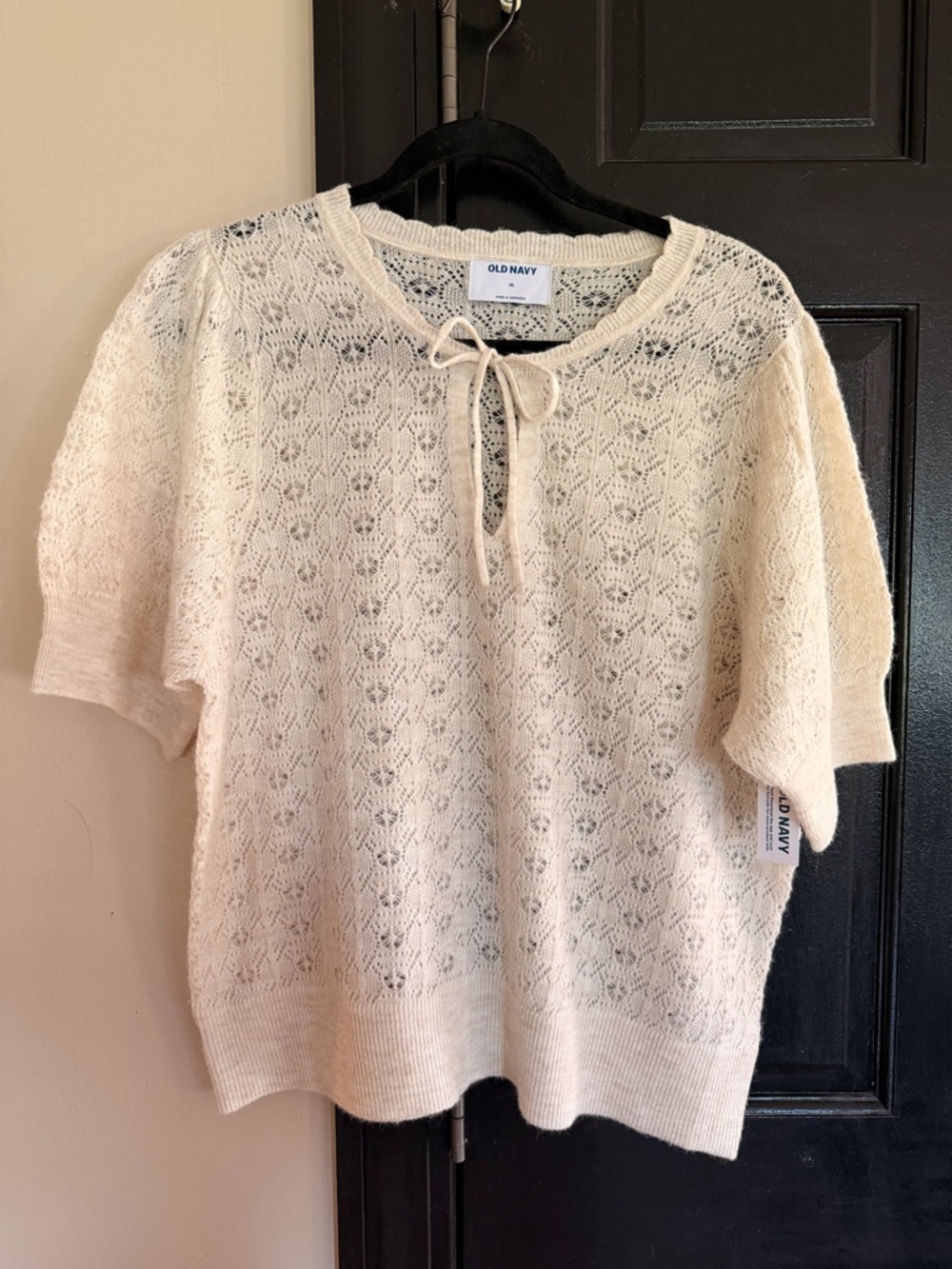 Old Navy Cream Lace-Knit Tie-Neck Short Sleeve Sweater Top - NWT
